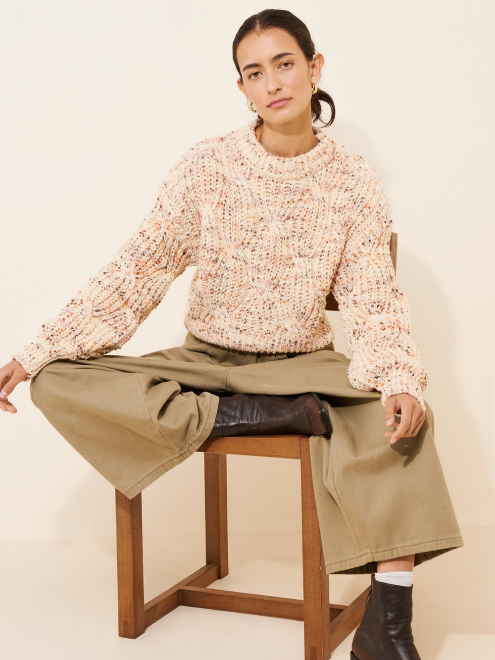 Knit Makers Multi Fleck Cream Orange Brown Cable Knit Sweater Size M